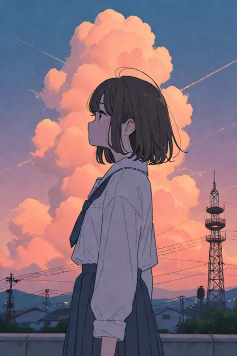 evening、Radio tower 、schoolgirl、angle from above、high image quality、High Resolution、4K