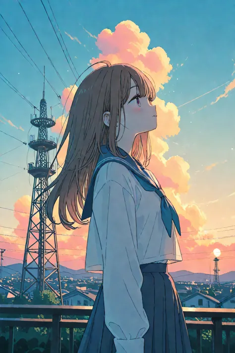 evening、beautiful sky、Radio tower 、schoolgirl、angle from above、high image quality、High Resolution、4K