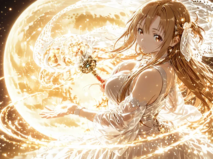 yuuki asuna,Moonlight chapter、, Dynamic motion))、 Subtle slow 360° camera orbit centered around a:1.2,,complete anatomy,solo,1girl,long hair,Crystal Hair 、Golden-brown hair、long hair、hair that shines golden when exposed to light、braids,straight hair,tousle...