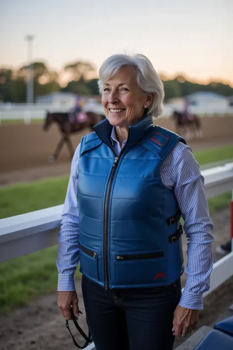 a 62 year old woman is at a horse racing track in the grandstands the woman is wearing a thick heavy stiffly padded protective horse riding vest with metallic blue color and bright metallic red accents and pockets, the horses runs on a track at dusk,
