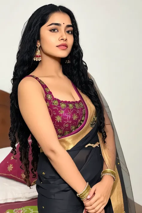 Best quality, Wearing black transparent saree, Tight on breast red glossy strapless blouse,VEIL, Big lips, full body picture , Moaning facial expressions,Mouth slightly open and expression like moaning,Bindi on forehead, wet Desi woman showing her big ass ...