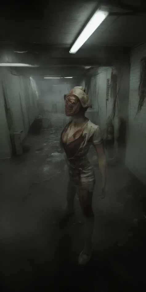 A Silent Hill nurse with a bandaged head and distorted face stands in a dimly lit hospital corridor. Blood-stained uniform with ripped fabric revealing grotesque flesh underneath. Holding a rusty scalpel dripping with dark liquid. Flickering fluorescent li...