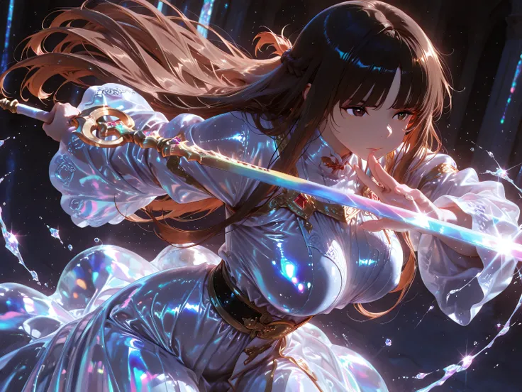 Bounty Hunter、,dynamic motion)) ,Battle Motion,(（5 anatomically accurate fingers）),complete anatomy,solo,1girl,long hair,Crystal Hair 、brown hair、long hair、braids,straight hair,tousled bangs, ,brown eyes,holding a spear-shaped iridescent sword in his right...