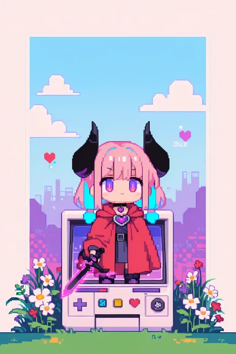 1girl, chibi style, chibi,
((purple eyes)), (glowing purple eyes:1.3), ((two-tone hair, pink hair, light blue hair)), twin tails, (black horn), (heart charm choker),
Pixel art, 8-bit style, NES-style RPG, pixelated hero, red cloak, wielding sword and shiel...