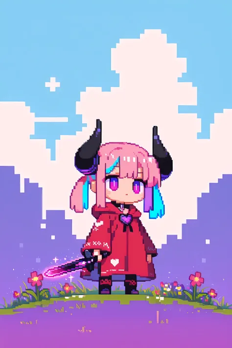 1girl, chibi style, chibi,
((purple eyes)), (glowing purple eyes:1.3), ((two-tone hair, pink hair, light blue hair)), twin tails, (black horn), (heart charm choker),
Pixel art, 8-bit style, NES-style RPG, pixelated hero, red cloak, wielding sword and shiel...