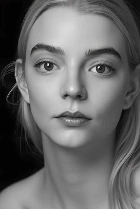 close-up black and white portrait of a blonde girl, detailed perfect face, perfect face model, longer eyebrows, finely detailed perfect face, thick eyebrows, large bushy eyebrows, perfect face, straight eyebrows, close-up perfect face, clean beautiful symm...