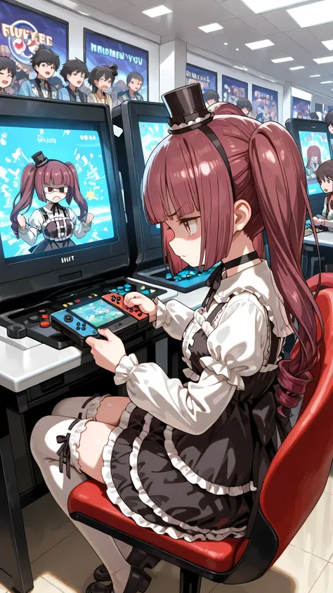 Hanazono Yurine, arcade、white stockings, Zettai Ryouiki. Sit on a chair and play games、Female Gamer Who Explodes in Anger,  sideview, playing videogames, Crowd watching in front of a fighting game console, The Moment You Hit the Case with Your Fist、Punch t...