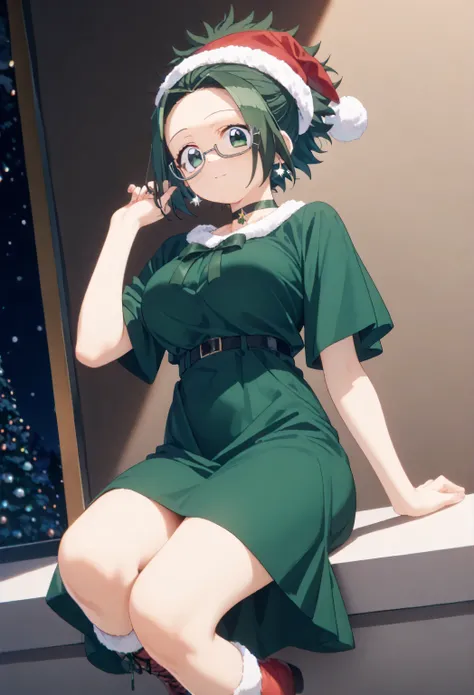 Christmas, 1girl, solo, green santa dress, santa hat,dress, looking at viewer, jewelry, green ribbon, bangs, earrings, boots, himiko agari, green eyes, ponytail, green hair, short hair, glasses, choker, large breasts,