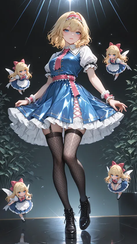 alice margatroid, medium hair, blonde hair, blue eyes, red hairband, lolita hairband, frilled hairband,grimoire of alice, doll,high quality, perfect photography, ultra-detailed, glitter eye makeup, dramatic long eyelashes,glossy black fishnet stockings wit...