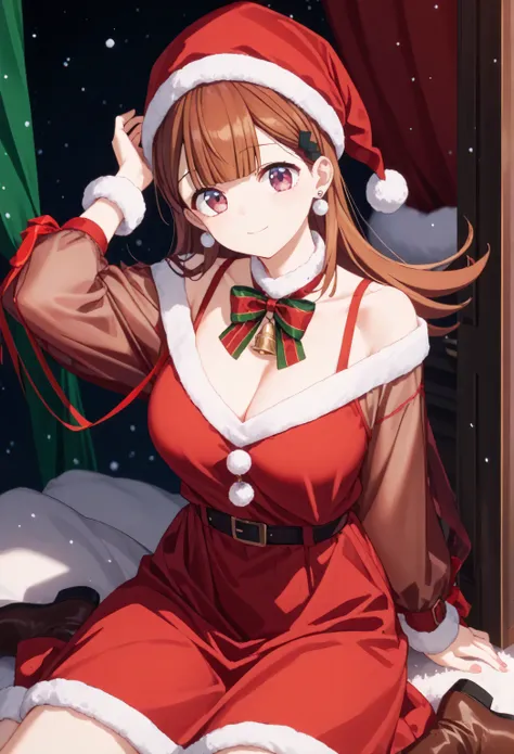 Christmas, 1girl, Alone, red santa dress, Santa hat,dress, looking at viewer, Jewelry, Red ribbon, bangs, earrings, boots, Ren Yamai , long hair, bangs, brown hair, pink eyes, hair ornament, hair clip, large breast,