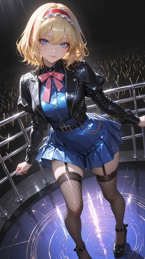 alice margatroid, medium hair, blonde hair, blue eyes, ,red hairband, lolita hairband, frilled hairband,high quality, perfect photography, ultra-detailed, glitter eye makeup, dramatic long eyelashes,glossy black fishnet stockings with patterns, glossy neon...