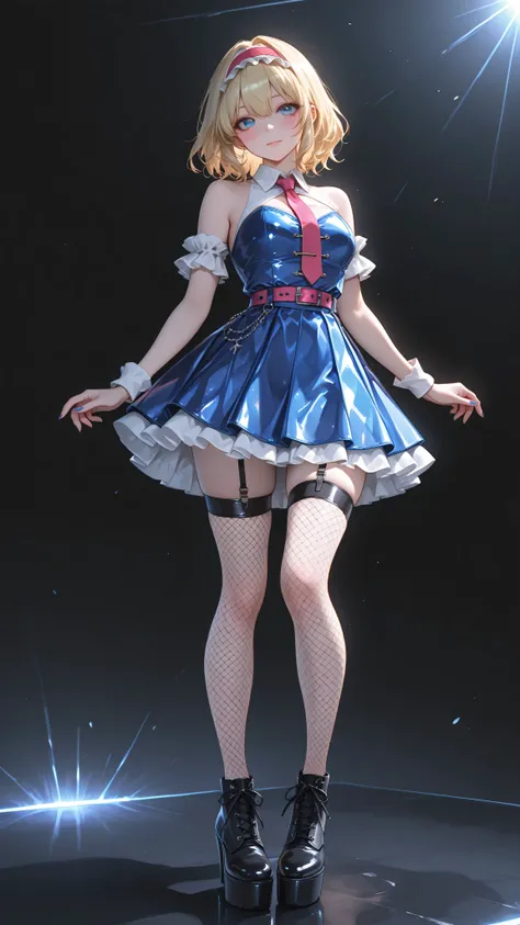 alice margatroid, medium hair, blonde hair, blue eyes, ,red hairband, lolita hairband, frilled hairband,high quality, perfect photography, ultra-detailed, glitter eye makeup, dramatic long eyelashes,glossy black fishnet stockings with patterns, glossy neon...
