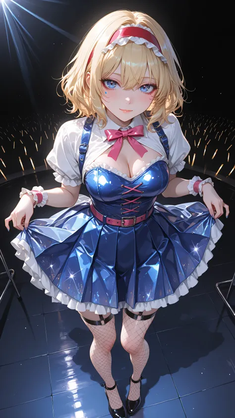 alice margatroid, medium hair, blonde hair, blue eyes, ,red hairband, lolita hairband, frilled hairband,high quality, perfect photography, ultra-detailed, glitter eye makeup, dramatic long eyelashes,glossy black fishnet stockings with patterns, glossy neon...