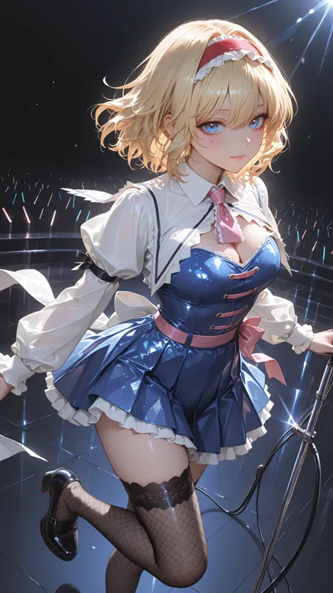 alice margatroid, medium hair, blonde hair, blue eyes, ,red hairband, lolita hairband, frilled hairband,high quality, perfect photography, ultra-detailed, glitter eye makeup, dramatic long eyelashes,glossy black fishnet stockings with patterns, glossy neon...
