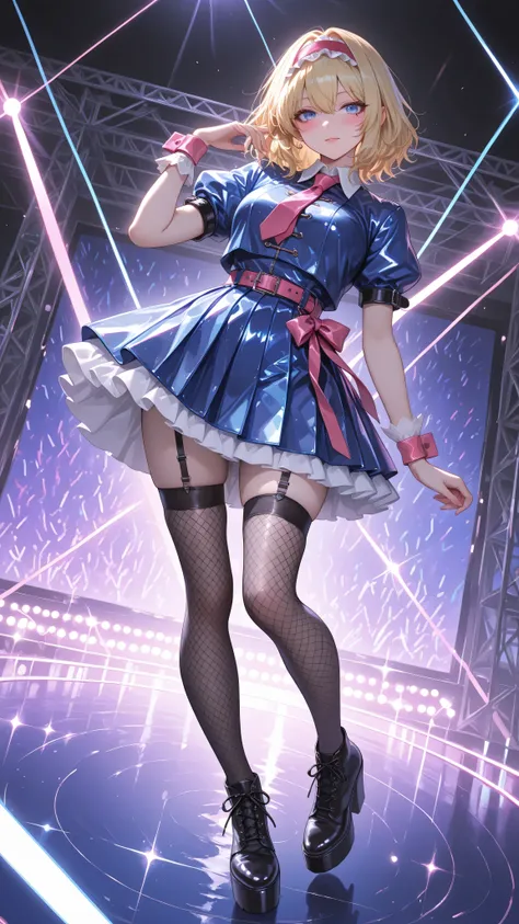 alice margatroid, medium hair, blonde hair, blue eyes, ,red hairband, lolita hairband, frilled hairband,high quality, perfect photography, ultra-detailed, glitter eye makeup, dramatic long eyelashes,glossy black fishnet stockings with patterns, glossy neon...