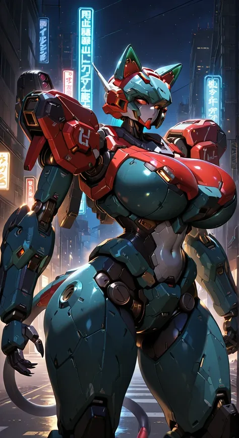 solo, gundum mech , humanoid,  female mecha, ruined city, red and black color scheme, blue neon lights on mech body, night , huge breasts, huge thighs,portrait , cat ears, mechanical tail, masterpiece , HD , highly detailed