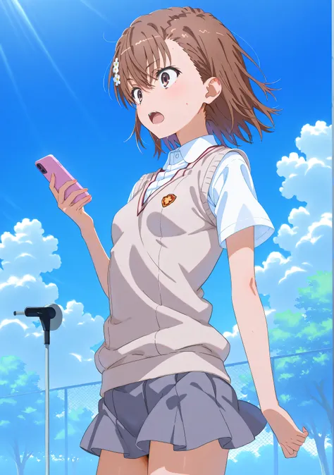 (((misaka miloto)))、hair flower、small breasts、1 girl、from side、white shirt、short sleeves、sweater vest、tokiwadai school uniform、grey skirt、mini skirt、standing、holding phone、making a call、park、blue sky、open mouth、speaking、wide-eyed