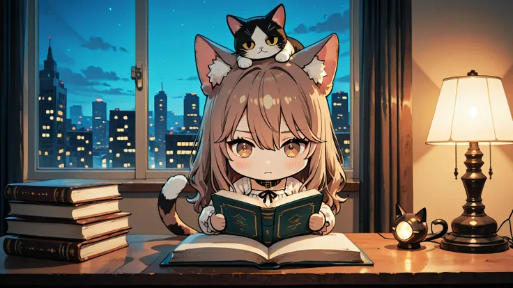 Chibi,(chibi:1.4),masterpiece , Highest Quality , high quality , very aesthetic , Newest , Volume Light, rating:safe, 1girl, solo, sitting, indoors, desk, book, holding_book, open_book,
long_hair, brown_hair, bangs, hair_between_eyes, brown_eyes, blush, ca...