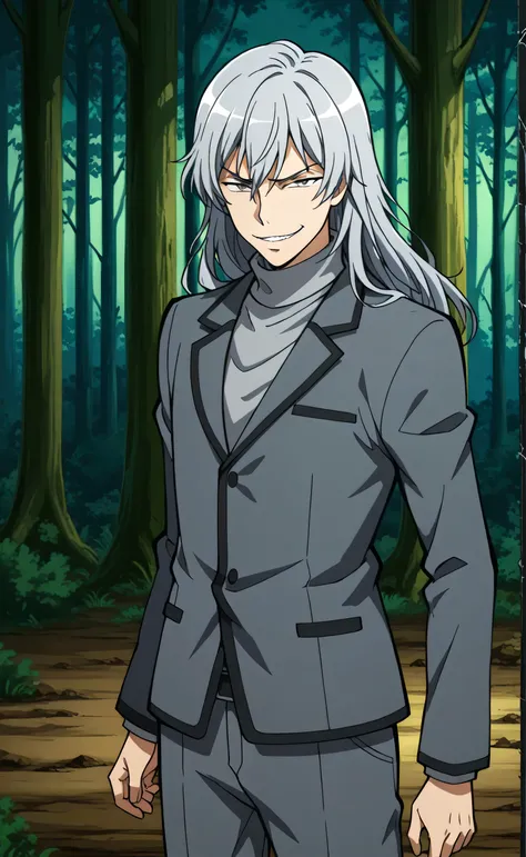 1male, solo, Gin, long hair, silver hair, grey eyes, evil grin, grey blazer, grey turtleneck, grey pants, forest, Assassination Classroom