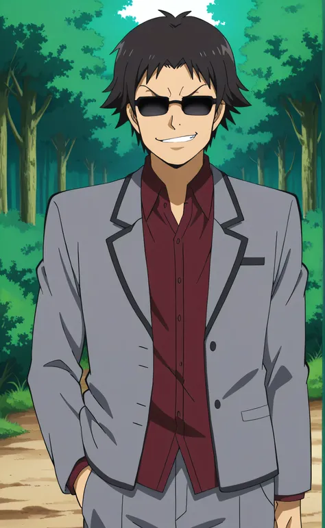 1male, solo, Vodka, short hair, black hair, not eyes, sunglasses, smirk, grey blazer, dark-red shirt, grey pants, forest, Assassination Classroom