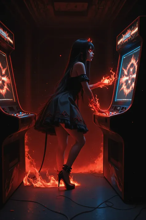 epic good looking succubus wearing a red and black dress, playing arcade game machine in hell, ultra detailed face, black hair, long hair, red eyes, glowing eyes, small horns, red high heels, dim light, high details, best quality, 16k, [ultra detailed], ma...