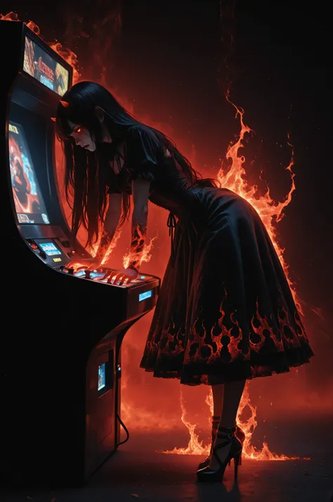 epic good looking succubus wearing a red and black dress, playing arcade game machine in hell, ultra detailed face, black hair, long hair, red eyes, glowing eyes, small horns, red high heels, dim light, high details, best quality, 16k, [ultra detailed], ma...