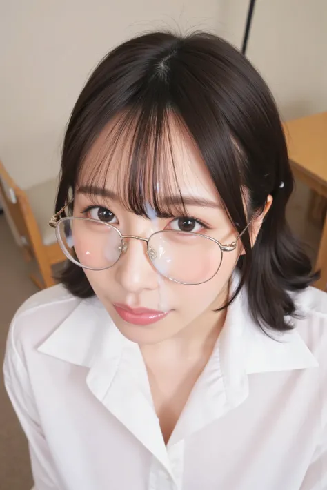 ( or more top quality、 Greatest Masterpieces、 or more top quality、 winning works )、beautiful woman、( Female Teacher 1 :1.1)、(face covered in semen:1.5)、(Cum Covered Glasses:1.5)、(Long Wave Hair Exposing Forehead:1.1)、( White Polyester Colored Open Shirt:1...