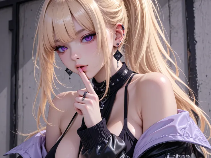 1girl, bangs, bare shoulders, blonde hair, breasts, earrings, finger to mouth, jacket, jewelry, large breasts, long hair, looking at viewer, off shoulder, open clothes, open jacket, piercing, ponytail, purple eyes, solo