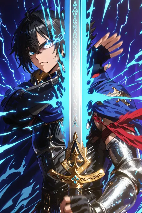 handsome dark-haired young Holy Knight"Asuka",eye trail, lightning eyes,engraved,LaMeister,A blue cloak with majestic silver armor, black leather fingerless driver gloves, Seiken Excalibur, waving a blue shining holy sword at the speed of sound, Serious Ex...