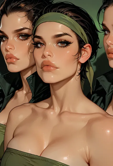perfect face, black hair, short hair, slicked back hair, (green headband, forehead), black thin eyebrows, dark brown eyes, black eyelashes, nose, normal lips, lips, thick lips, collarbone, cleavage, (green tube top), medium breasts, (looking at viewer)