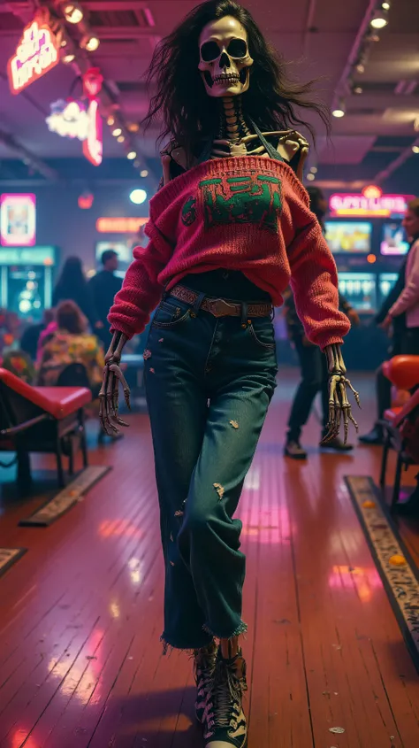 Hyperrealistic image of a female human skeleton dancing in an 1980s bowling alley. The skeleton is wearing a neon pink and green off-the-shoulder sweater, acid-wash jeans, and high-top sneakers. She is dancing towards the camera, striking a pose reminiscen...