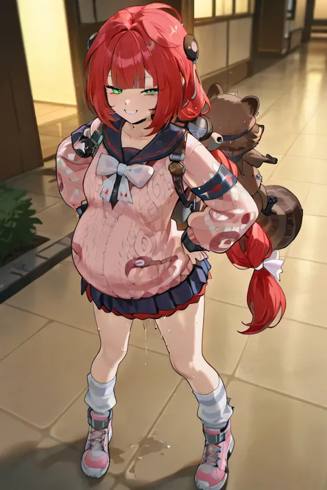 (Best quality, masterpiece, ultra detailed), Ukinami Yuzuha from Zenless Zone Zero, Solo, Alone, red hair, green eyes, raccoon tanuki backpack behind her, Spook Shack outfit, pink button up sweater, short pleated skirt, thigh-high sock, sporty sneakers,at ...