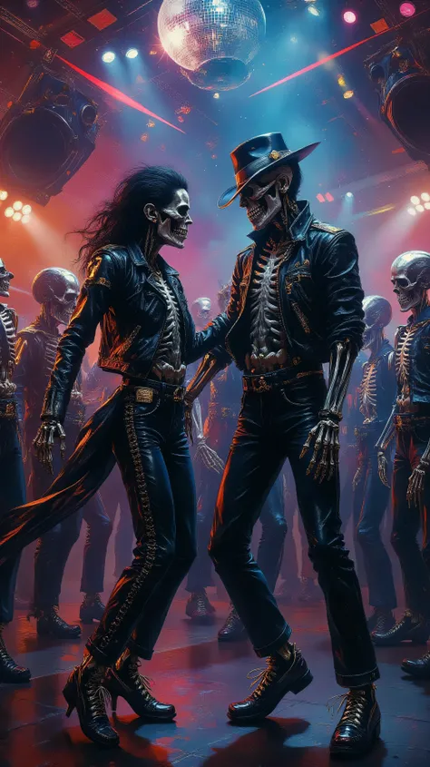 Hyper-realistic illustration, maximum sharpness and ultra-high resolution of a female skeleton and a male skeleton dancing like Michael Jackson in front of the camera in an 80s nightclub. Both skeletons wear typical 80s clothing: shiny Michael Jackson–styl...