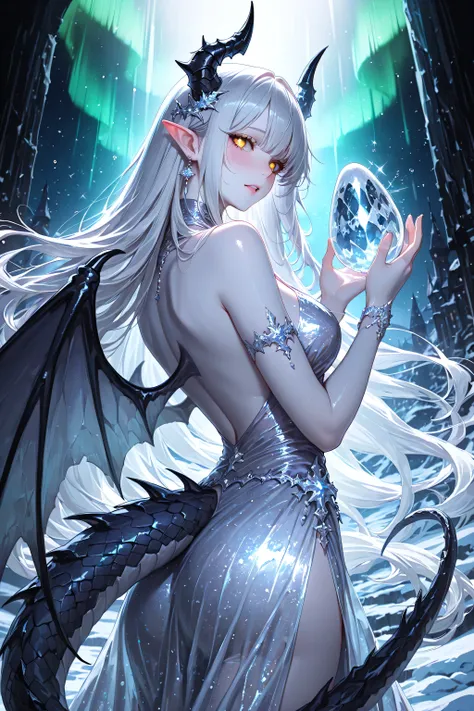 masterpiece, best quality, highly detailed, 8k, cinematic lighting, dragon girl princess, pale blue skin, shimmering ice scales dress, long silver hair like frost, bat-like wings with ice thorns folded timidly, small curved horns, golden eyes wide with fea...
