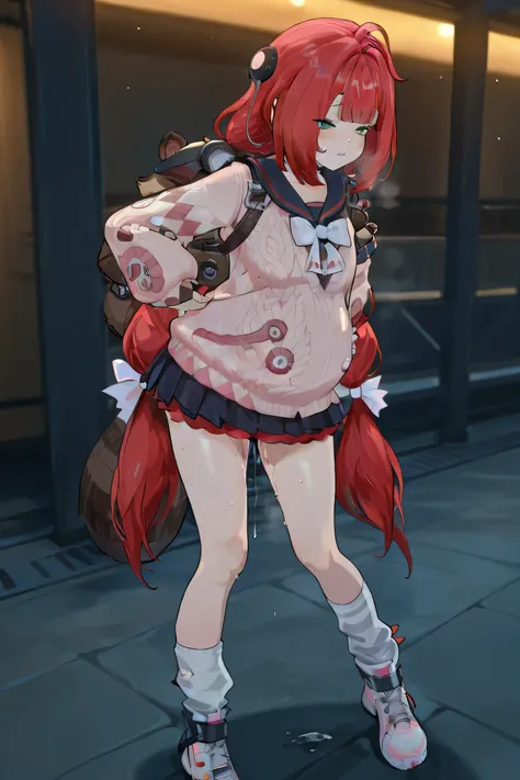 (Best quality, masterpiece, ultra detailed), Ukinami Yuzuha from Zenless Zone Zero, Solo, Alone, red hair, green eyes, raccoon tanuki backpack behind her, Spook Shack outfit, pink button up sweater, Solo, Alone, short pleated skirt, thigh-high sock, sporty...