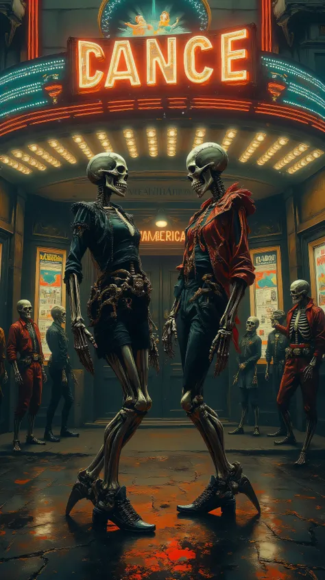Hyper-realistic illustration, maximum sharpness and ultra-high resolution of two female skeletons dancing together directly in front of the camera at the entrance of an old vintage 1980s cinema. Both female skeletons are clearly facing the viewer, in the f...