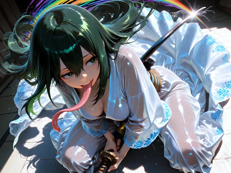 boku no hero academia, asui tsuyu, 1girl, between legs, black eyes, breasts, bright pupils, full body, green hair, hair between eyes, hand long hair, long tongue, medium breasts,wide-angle view from above,((motion effect holding Katana,dynamic motion)) ,Sa...