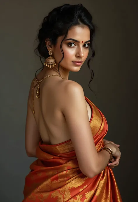 a beautiful naked curvy girl, in a saree, bare back, topless, round breast, detailed portrait, highly detailed face, detailed eyes, realistic, photorealistic, 8k, cinematic lighting, bright color tones, glowing skin, intricate fabric details, elegant pose,...