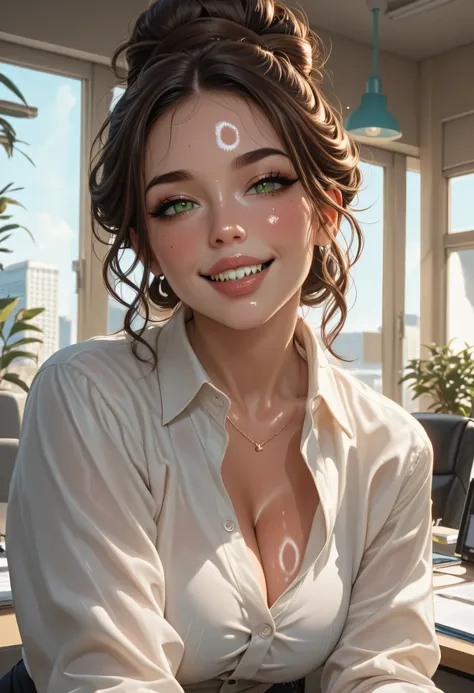 Extremely busty brunette secretary, college girl, fair skin, green eyes, loose updo, sharp face, athletic, huge tits, warmly lit office, windows, blue skies, looking at viewer, (shiny skin)