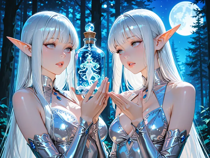 Like a Picture, Ultra High Definition, RAW pictures, moon trapped in a bottle、correct 5 fingers、 young elf girl , long silvery white straight hair, pointed ears, grey eyes、big eyes、lips、Delicate fingertips, holding a crystal bottle with both hands, Full mo...