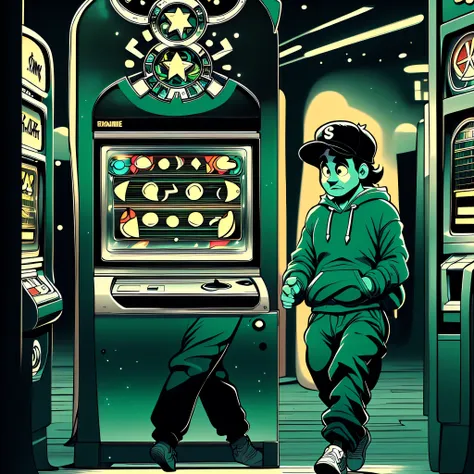 The guy plays the Pacman game on the slot machine. the slot machine has a clear message "Pacman".  The guy is trying really hard. The guy is wearing a red sweatshirt. Green pants. Black and white sneakers. people walk around. Same players. Highly detailed ...