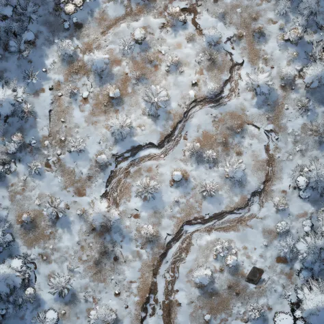 Dnd_maps, top view, in the style of a map for the board game, , an isometric image of a field of mud with a dry lawn densely covered with melted snow, (without trees , 1.5), (without bushes, 1.5)