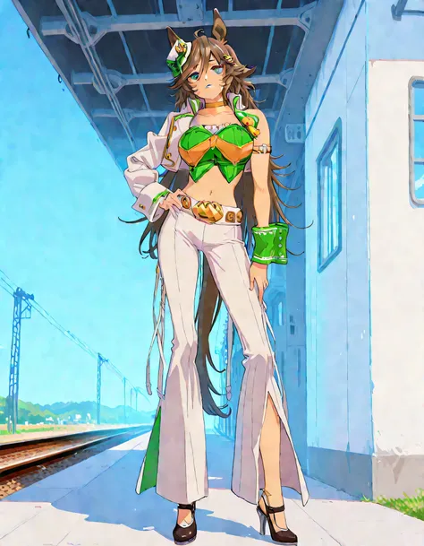 masterpiece masterpiece, ultra-HD, impressionism, high detail, best quality, very aesthetic, 8k, best quality, beautiful, anime coloring , mr. c.b. (umamusume), solo , big breast , strapless shirt, white tight pants , high-waisted and flared pants , midri...