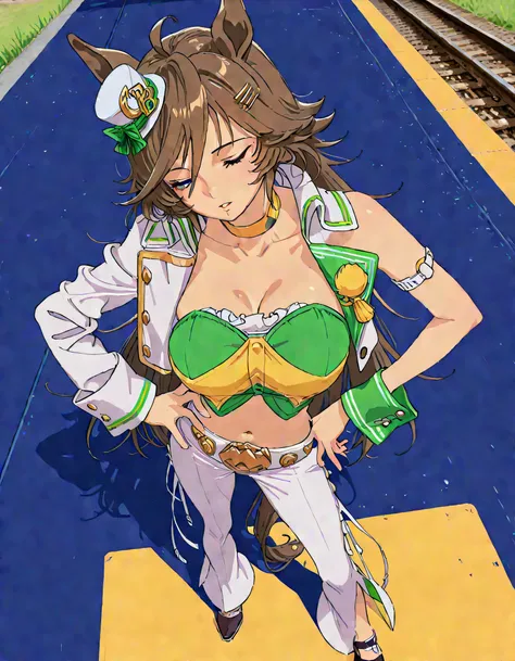 masterpiece masterpiece, ultra-HD, impressionism, high detail, best quality, very aesthetic, 8k, best quality, beautiful, anime coloring , mr. c.b. (umamusume), solo , big breast , strapless shirt, white tight pants , high-waisted and flared pants , midri...