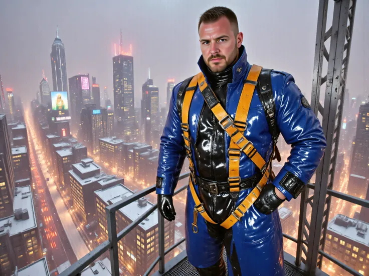 A 52 year old musclebear weighing 290 pounds wearing a GothTrench in bright blue and black with a shiny gold rubber construction safety harness over it, wearing shiny polished black rubber pants, standing high above a city skyline on a snowy day, on a bill...