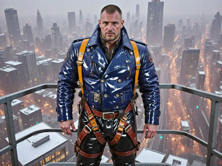 A 52 year old musclebear weighing 290 pounds wearing a GothTrench in bright blue and black with a shiny gold rubber construction safety harness over it, wearing shiny polished black rubber pants, standing high above a city skyline on a snowy day, on a bill...