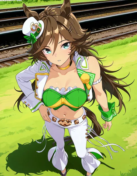 masterpiece masterpiece, ultra-HD, impressionism, high detail, best quality, very aesthetic, 8k, best quality, beautiful, anime coloring , mr. c.b. (umamusume), solo , big breast , strapless shirt, white tight pants , high-waisted and flared pants , midri...