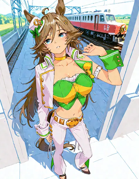 masterpiece masterpiece, ultra-HD, impressionism, high detail, best quality, very aesthetic, 8k, best quality, beautiful, anime coloring , mr. c.b. (umamusume), brown hair , blue eyes , big breast , strapless shirt, white tight pants , high-waisted and fla...