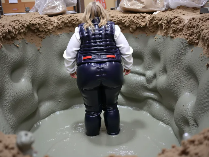 A 40 year old 300 pound woman wearing a white uniform shirt and black uniform pants wearing a red leather belt wearing a black shiny vinyl bulletproof vest partially submerged in extremely thick sticky cement on a construction site in a pit that is beneath...