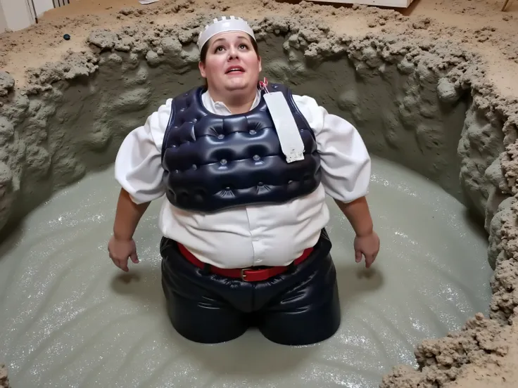 A 40 year old 300 pound woman wearing a white uniform shirt and black uniform pants wearing a red leather belt wearing a black shiny vinyl bulletproof vest partially submerged in extremely thick sticky cement on a construction site in a pit that is beneath...